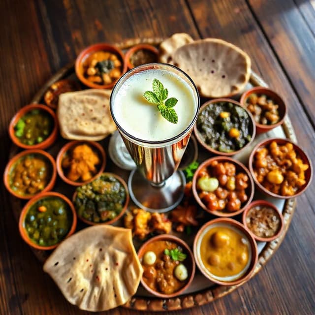 Punjabi thali with lassi in a metal glass