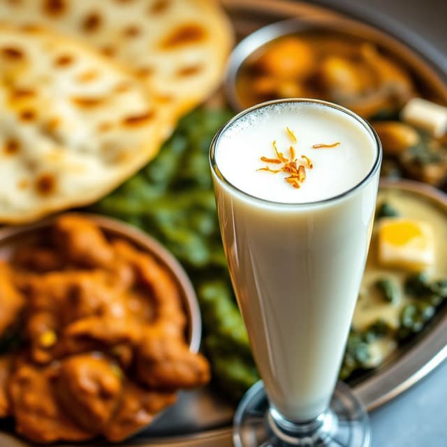 Punjabi thali with lassi in a metal glass