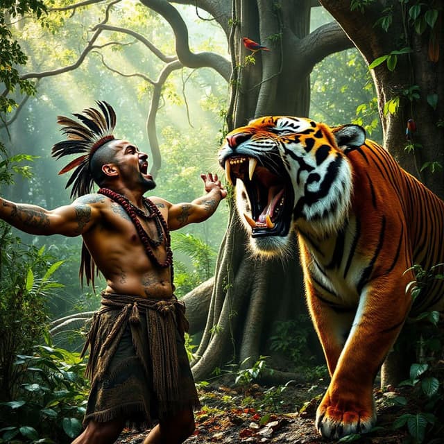 An alpha tribal man and tiger facing each other and roaring