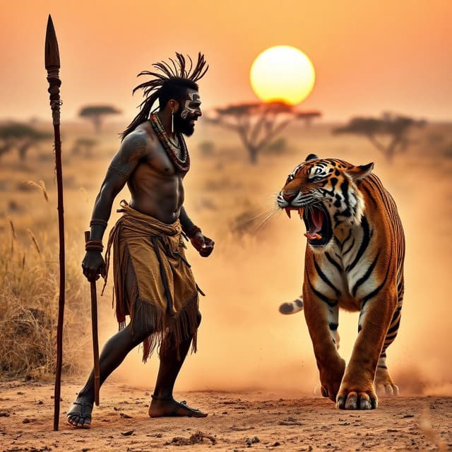 An alpha tribal man and tiger facing each other and roaring