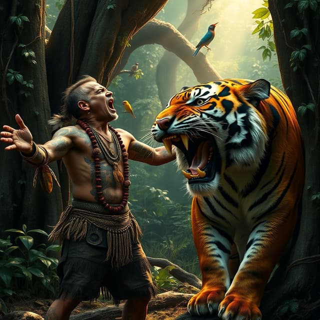 An alpha tribal man and tiger facing each other and roaring