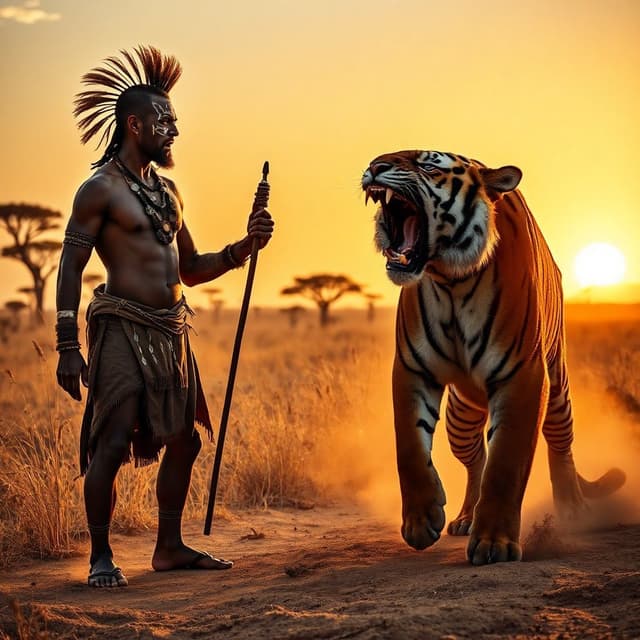 An alpha tribal man and tiger facing each other and roaring