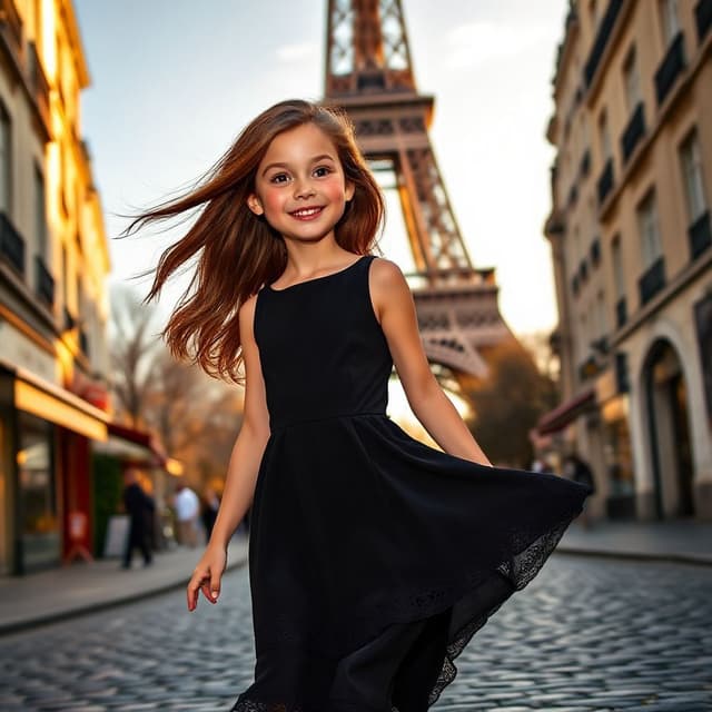 A young model wearing a black dress walking around the streets of paris in front of eifel tower