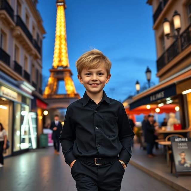 A young model wearing a black dress walking around the streets of paris in front of eifel tower