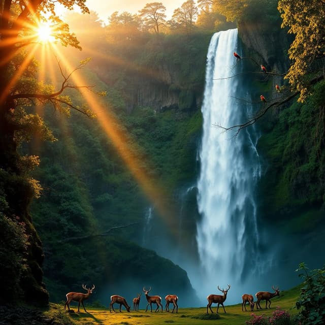 A sky high waterfall in a lush green rain forest with birds and animals