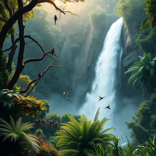 A sky high waterfall in a lush green rain forest with birds and animals