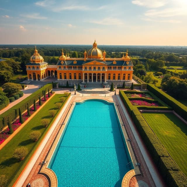 A large palace with golden paint. Swimming pool and a garden with it